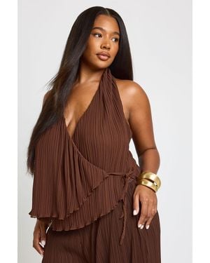 Boohoo Plus Plisse Halter Neck Wrap Over Tie Top - Brown