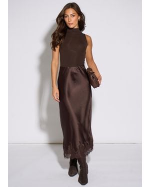Gini London Contrast Lace Trim Satin Bias Skirt - Brown