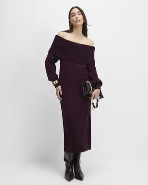 River Island Bardot Midi Dress Knit Long Sleeve - Blue