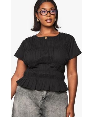 Boohoo Plus Cotton Shirred Puff Sleeve Blouse - Black