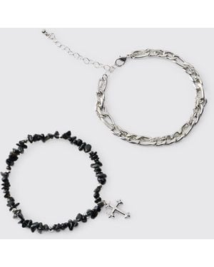 BoohooMAN Gothic Cross Bead Layered Bracelet - Blue