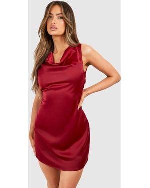 Boohoo Satin Cowl Mini Dress - Red