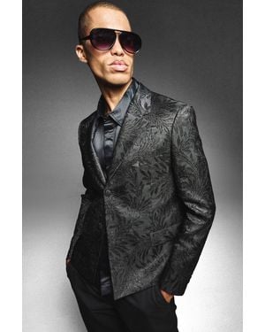 BoohooMAN Oversized Boxy Jacquard Floral Blazer - Grey