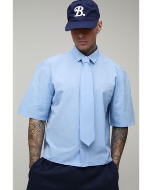 BoohooMAN Oversized Boxy Half Sleeve Shirt And Tie - Blue