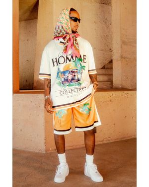 BoohooMAN Toosii Boxy Oversized Satin Graphic Shirt And Shorts - Orange