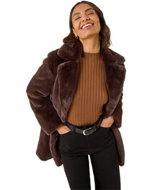 Roman Faux Fur Longline Coat - Brown