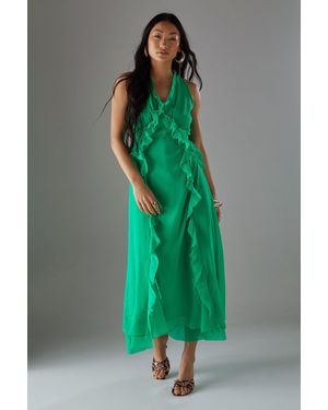 Warehouse Petite Premium Raw Edge Ruffle Detail Slip Dress - Green