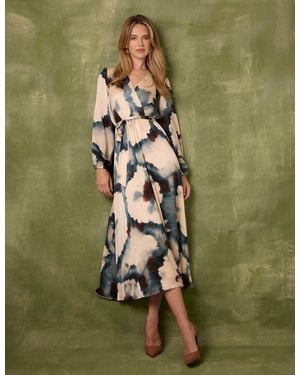 Blue Vanilla Watercolour Wrap Dress With Tie Belt - Green