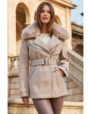 Sosandar Natural Longline Biker Jacket With Faux Fur Collar