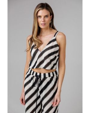 French Connection Cotton Blend Stripe Crochet V-Neck Strappy Vest - Black