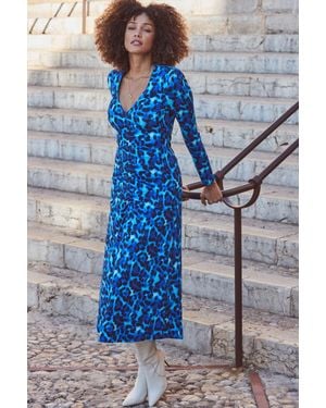 Sosandar Animal Print Ruched Detail Jersey Midi Dress - Blue