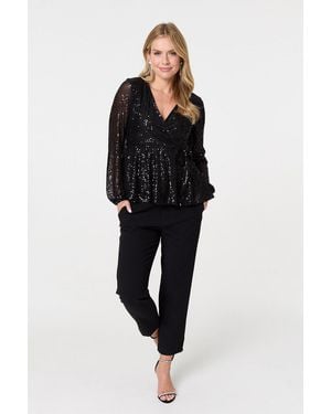 Izabel London Sequin Embellished Long Sleeve Peplum Top - Black