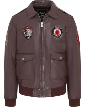 Infinity Leather Flying Bomber Aviator Collar Jacket - Brown