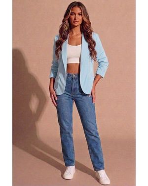 Femme Luxe Ruched Sleeve Tailored Open Front Blazer - Blue