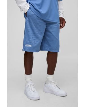 BoohooMAN Oversized Varsity Mesh Mid Length Shorts - Blue