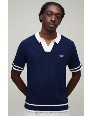 BoohooMAN Boxy Cable Embroidered Knitted Polo - Blue