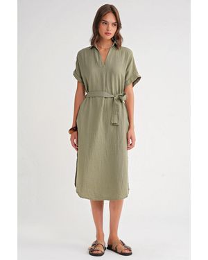 MixRay Belted Short-Sleeve Midi Dress - Green