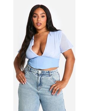 Boohoo Plus Mesh Pleated Corset Top - Blue