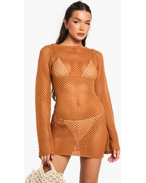 Boohoo Crochet Flare Sleeve Mini Dress - Orange