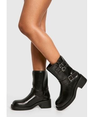 Boohoo Vintage Style Buckle Detail Biker Boot - Black