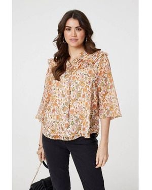 Izabel London Floral Frill Detail 3/4 Sleeve Blouse - Natural