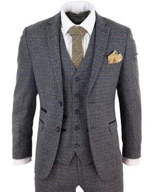 Paul Andrew 3 Piece Tweed Check Vintage Retro Suit Velvet - Blue