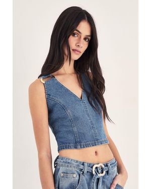 Nasty Gal Ring Trim Detail V Neck Denim Top - Blue
