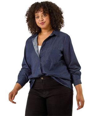 Roman Curve Cotton Button Blouse - Blue