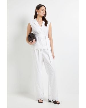 PRINCIPLES Straight Leg Scallop Edge Broderie Trouser - White