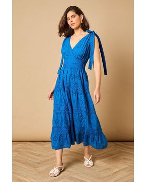 Oasis Tie Shoulder V Neck Broderie Midi Dress - Blue