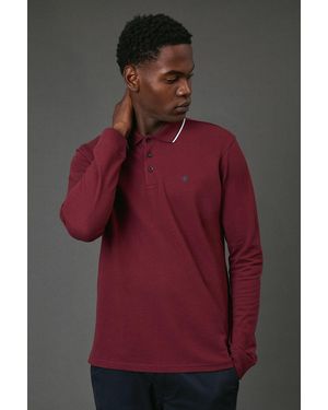 MAINE Long Sleeve Pique Polo Shirt Cotton - Red