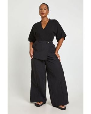 Boohoo Plus Nylon Wide Leg Trouser With Overlay - Blue