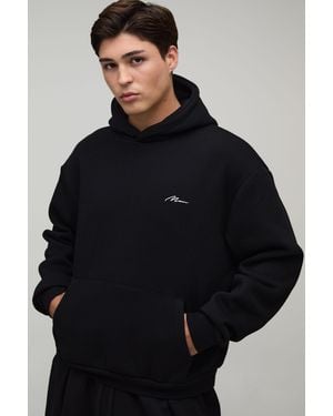 BoohooMAN Oversized Boxy Signature Embroidered Hoodie - Blue