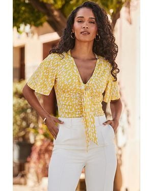 Sosandar Fleck Print Ruched Detail Tie Neck Jersey Top Denim - Yellow