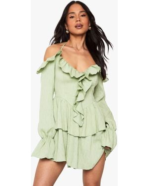 Boohoo Crinkle Ruffle Layered Mini Dress - Green