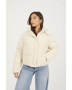 Brave Soul Jumbo Cord Hooded Puffer Jacket - Natural