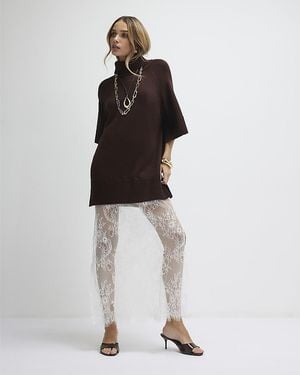 River Island Midi Dress Hybrid Lace Hem Short Sleeve - White