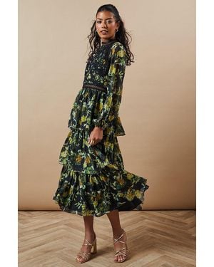Oasis Petite Occasion Floral Lace Trim Dobby Chiffon Tiered Midaxi Dress - Black