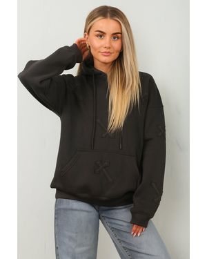Femme Luxe Oversized Crucifix Cross Embroidered Hoodie - Black