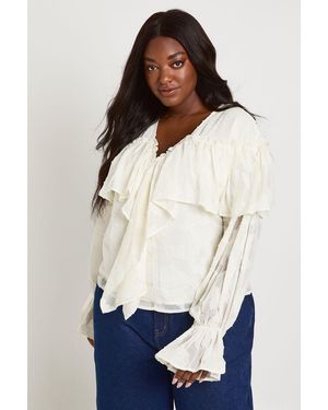 Boohoo Plus Burnout Ruffle Front Blouse - White