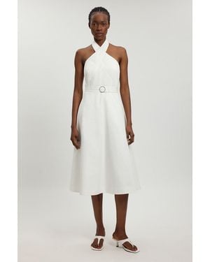 Karen Millen Petite Tailored Cotton Sateen Pencil Belted Midi Dress - White