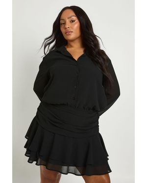 Boohoo Plus Ruffle Mini Skirt Shirt Dress - Black
