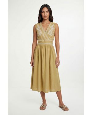 Wallis Summer Linen Mix Embroidered Midi Dress - Metallic