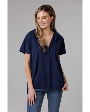 French Connection Popover Short Sleeve Collared High Low Blouse - Blue