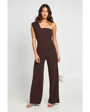 Boohoo One Shoulder Drape Detail Straight Leg Jumpsuit - Brown