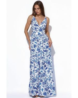 Busem Floral Satin Pleated Maxi Dress - Blue