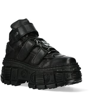 New Rock Metallic Ankle Leather Boots-Wall285-S2 - Black