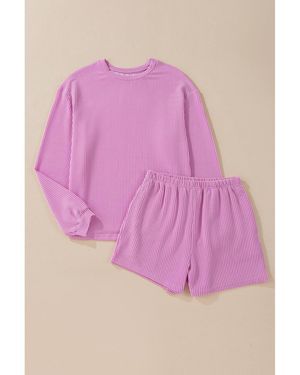 Azura Exchange Phalaenopsis Corded Knit Long Sleeve Top And High Waist Shorts Set - Pink