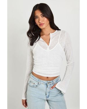 Boohoo Sheer Double Layer Henley Top - White