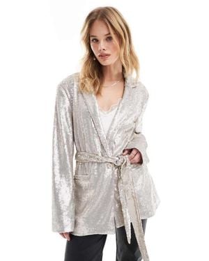 ASOS Sequin Tie Waist Blazer - White